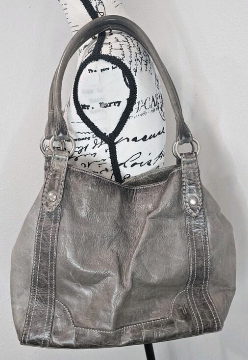 Frye Handbags - Frye Melissa Distressed Leather Ice Gray Hobo Shoulder Tote Bag Excellent